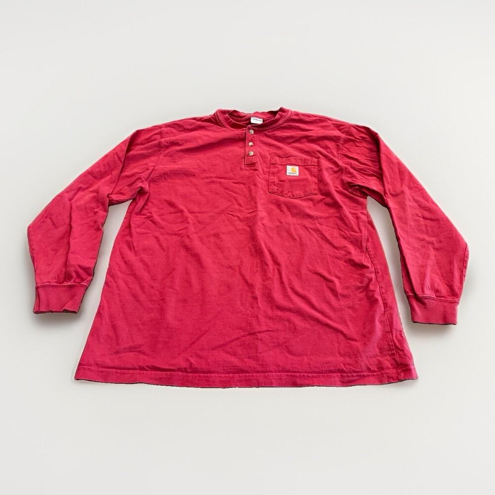 Carhartt Mens Red Henley Long Sleeve Shirt Workwear Loose Fit K128 Size L Large